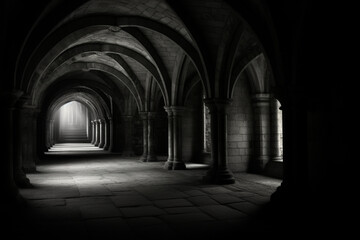 shot of hallway in black and white at the crypt at fountains abbey, aesthetic look - obrazy, fototapety, plakaty