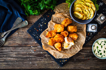 Bakaliaros - seared cod fritters with fried potatoes and fresh vegetables on wooden table 