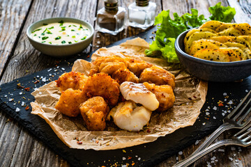 Bakaliaros - seared cod fritters with fried potatoes and fresh vegetables on wooden table 