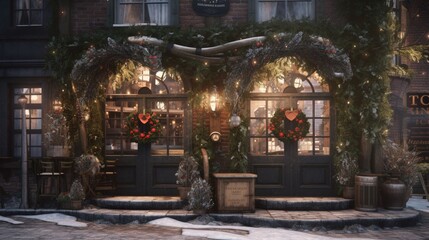 A small cafe with a christmas wreath and garland.Generative AI