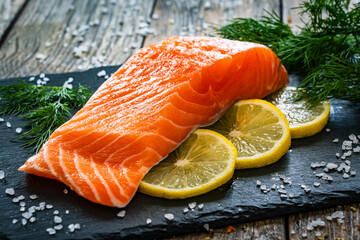Fresh raw salmon steak with salt and fresh vegetables on black stone plate
