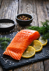 Fresh raw salmon steak with salt and fresh vegetables on black stone plate
