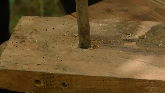 The carpenter works with a chisel and hammer, he makes a square hole in the board.