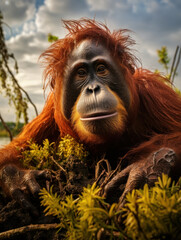 Obraz premium Orangutan in its Natural Habitat, Wildlife Photography, Generative AI