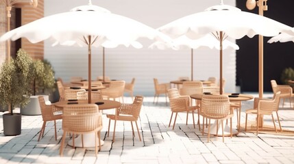 Cafe or restaurant tables and chairs outside with umbr.Generative AI