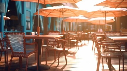 Cafe or restaurant tables and chairs outside with umbr.Generative AI