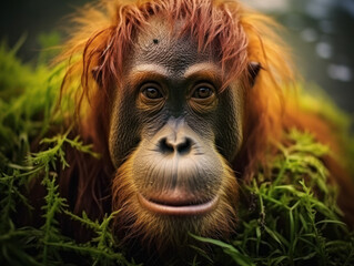 Fototapeta premium Orangutan in its Natural Habitat, Wildlife Photography, Generative AI