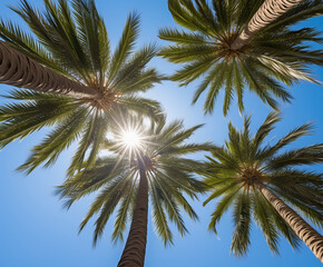 Fototapeta na wymiar Exotic tropical coconut palm trees at sunny day on blue sky background bottom view. Natural tropical background. 
