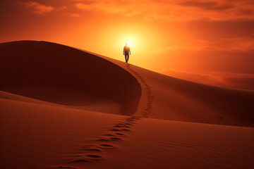 Fototapeta na wymiar Silhouette of a man walking on the top of the big dune enjoying the dramatic bright desert sunset, aesthetic look