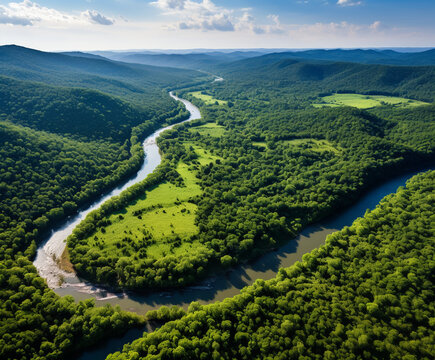 Aerial view of the flowing wild river through green forest and mountains. 