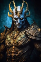 The god nemesis with blue eyes standing in front, dark bronze and light azure - obrazy, fototapety, plakaty