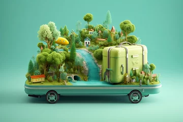 Fototapeten Surreal 3D Landscape Illustration of a Forest River with Luggage in Light Green and Light Blue.  © Moinul