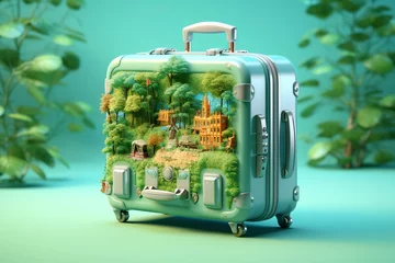 Fototapeten Surreal 3D Landscape Illustration of a Forest River with Luggage in Light Green and Light Blue.  © Moinul