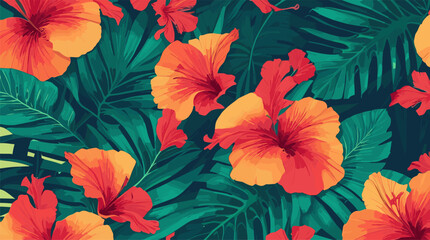 Escape to Tropical Paradise with our vibrant vector pattern. Hibiscus flowers amid palm leaves on bright backdrop. Ideal for travel decor, fashion, and prints. Editable-Customizable.