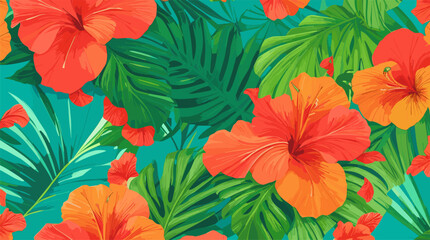 Escape to a Tropical Paradise with vibrant hibiscus flowers, palm leaves. Ideal for travel-themed decor, fashion, prints. Editable-Customizable.