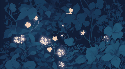 Experience Midnight Garden's magic: moonlit flowers, vines on deep navy backdrop. Ideal for mystical decor, prints, fashion, artistic projects. Editable-Customizable.