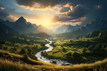Foto auf Acrylglas Mu Cang Chai Rice fields on terraced. Generated with AI