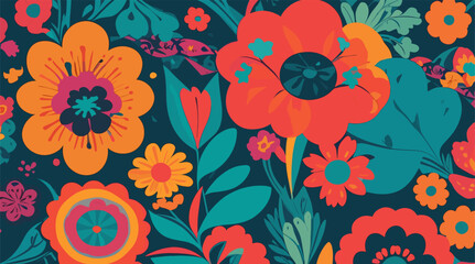 Groovy 70s vibes: Retro floral frenzy with bold flowers on dark backdrop. Ideal for nostalgic design, prints, decor. Editable, Customizable.