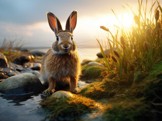 Obraz premium Rabbit in its Natural Habitat, Wildlife Photography, Generative AI