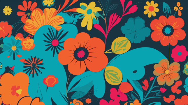 Step into Retro Floral Frenzy: 70s-inspired bold flowers on dark background. Ideal for vintage designs, prints, decor. Editable, Customizable.