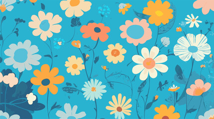 Fototapeta na wymiar Unleash joy with Whimsical Wildflowers: playful blooms on sky blue backdrop. Ideal for cheerful projects, prints, textiles, decor. Editable, Customizable.