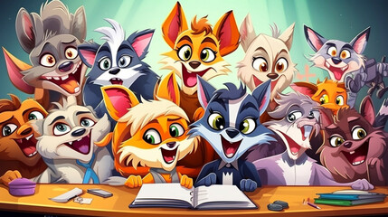 Naklejka premium AI generated, vector illustration. Group of funny happy cats on a wooden desk. Back to school theme. Multi colored illustration. Books and pencils. Education.