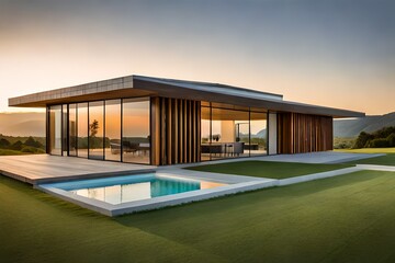 Fototapeta premium A passive solar house emerges like a masterpiece of architecture, adorned with large windows and modern furniture - Generative AI