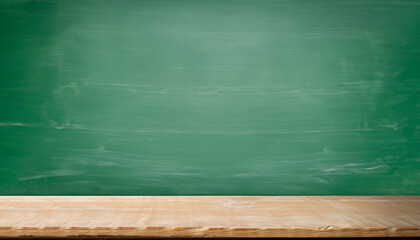 background of green chalkboard and wooden table with copy space
