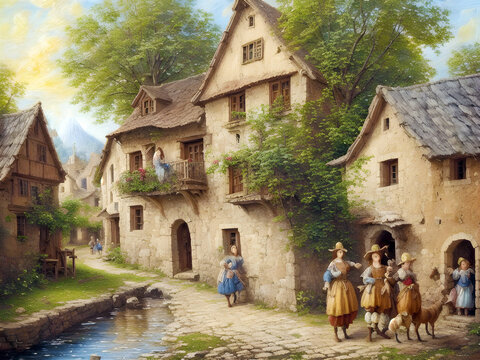 European village from 17th century, Oil-Paint Effect, Generative AI Illustration