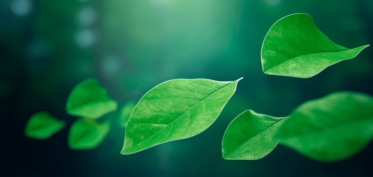 Green Floating Leaves. Flying Leaves, Dancing. Banner.