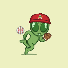 cute cartoon alien playing baseball