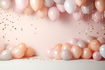 Create a light pastel-colored birthday background with light pink balloons