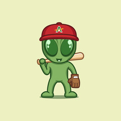 cute cartoon alien playing baseball
