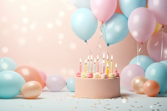  light pastel-colored birthday background with a cake and candles on the right side of the image. Decorate the left side of the image with balloon confetti decorations