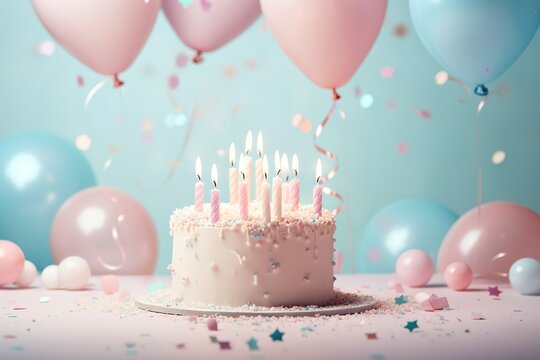  light pastel-colored birthday background with a cake and candles on the right side of the image. Decorate the left side of the image with balloon confetti decorations