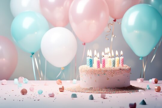  light pastel-colored birthday background with a cake and candles on the right side of the image. Decorate the left side of the image with balloon confetti decorations