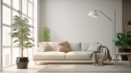 Fototapeta na wymiar Comfortable couch in Scandinavian living room interior.Generative AI