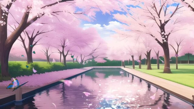 Cherry Blossom at the side pool. Sakura rain. Seamless looping animation video. Park landscape anime style
