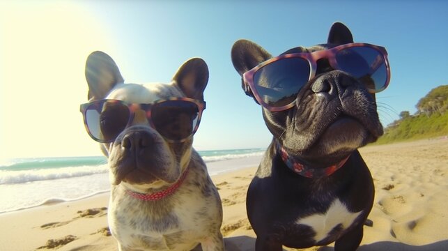 Dogs wearing sunglasses are taking selfies on a beach.Generative AI