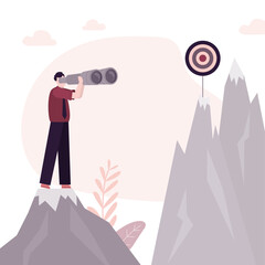 Smart businessman stands on rock and looks through binoculars at distant target. Success strategy. Business plan for profitable project. Vision of tworkflow