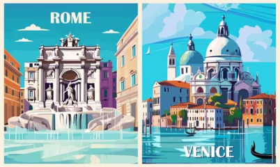 Foto op Plexiglas Set of Italy Travel Destination Posters in retro style. Rome, Venice, Italy prints. European summer vacation, holidays concept. Vintage vector colorful art illustrations. © Creative Juice