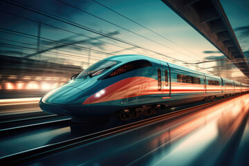 Fototapeta na wymiar A rushing modern high-speed train on a blurred background