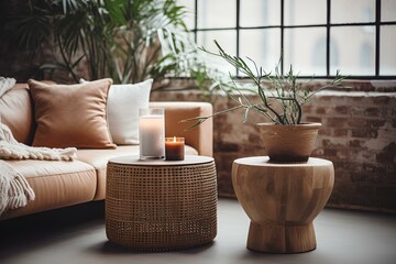 Fototapeta premium Home interior mock-up with rattan furniture, table and decor in living room. generative AI