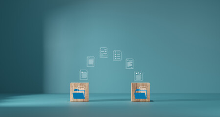 Wooden blocks with virtual document loading to another folder. Data copy or move. Transfer files of data between folders. Exchange of file on folder. Send document to the internet.