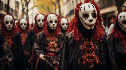 All Saints Day in Spain, people wearing traditional masks