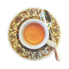 a cup of coffee with teaspoon on a table top view isolated with no background