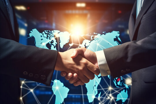 Smart logistics, Global business concept, Businessman making handshake for successful business, investment deal teamwork and partnership business partners on logistic global network and supply chain