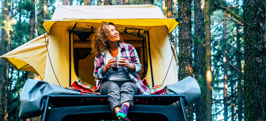 Freedom and alternative camping oslution with roof tent on the car. One adventure woman enjoy...