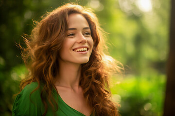 A smiling young woman walking in the forest in the morning