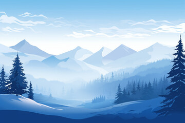 Snowy mountain landscape, Vector blue silhouette of mountains, hills and forest